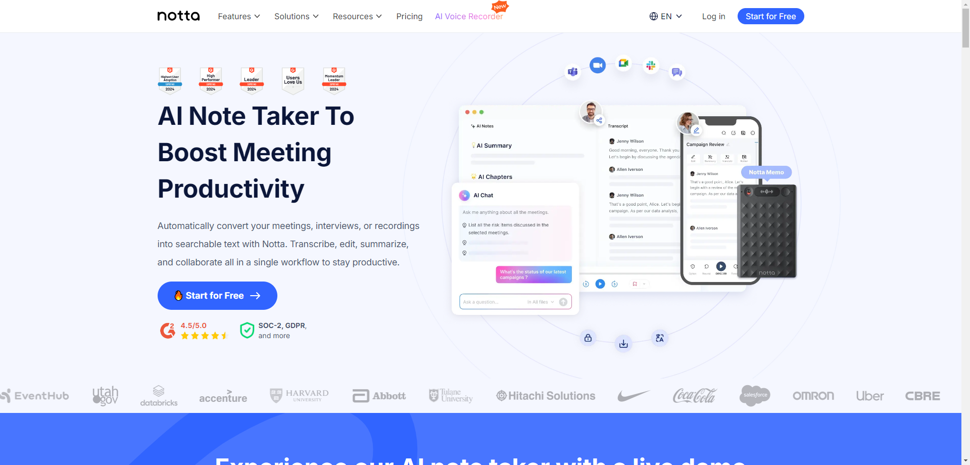 Notta AI Note Taker Interface with Meeting Transcription