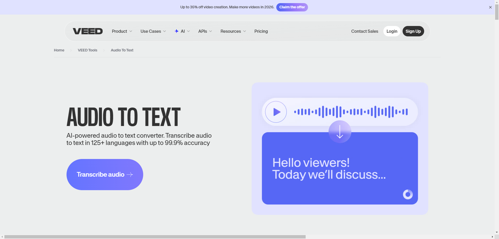 VEED.io Audio to Text Converter Interface