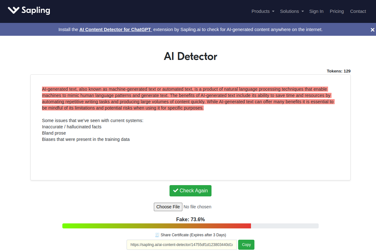 Sapling AI Content Detector screenshot