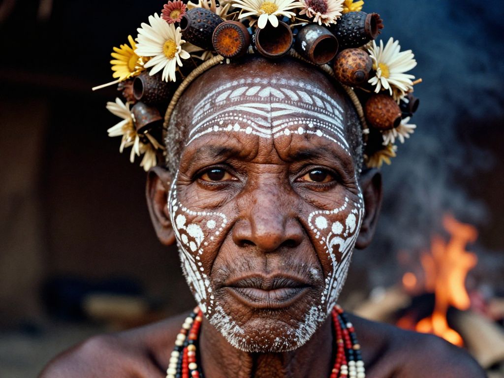 A hyper-realistic, close-up portrait of a tribal elder from the Omo Valley, painted with intricate white chalk patterns and adorned with a headdress made of dried flowers, seed pods, and rusted bottle caps. The focus is razor-sharp on the texture of the skin, showing every pore, wrinkle, and scar that tells a story of survival. The background is a blurred, smoky hut interior, with the warm glow of a cooking fire reflecting in the subject's dark, soulful eyes. Shot on a Leica M6 with Kodak Portra 400 film grain aesthetic.